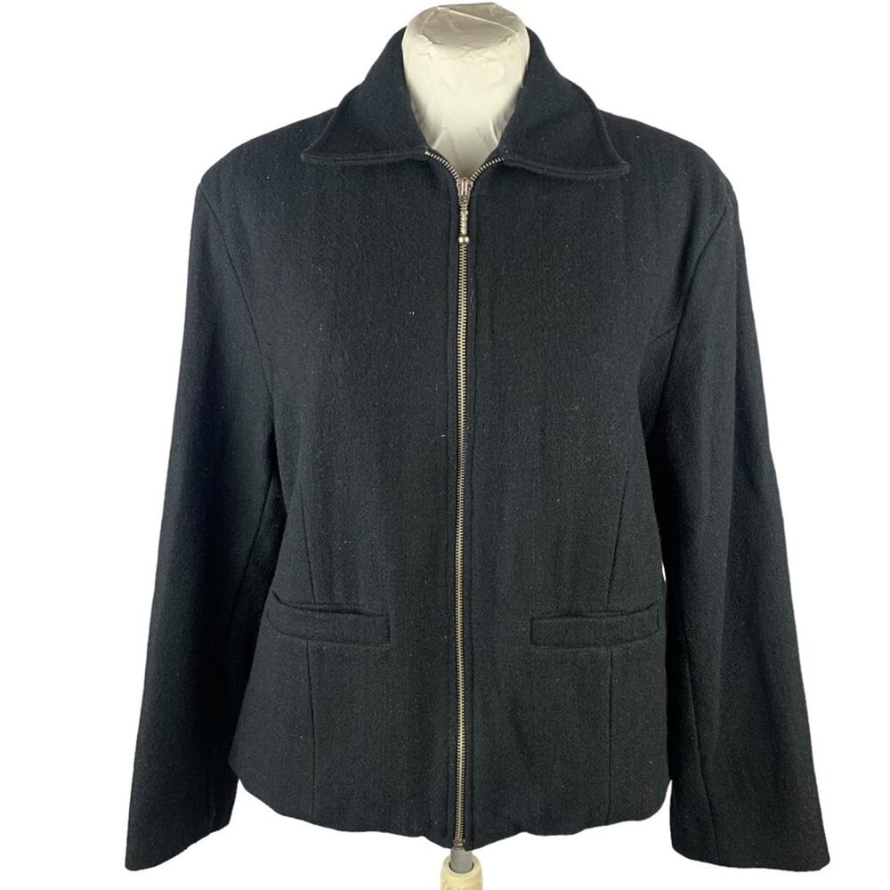 VTG Argee Black Wool Jacket Womens Sz M Full Zip Blazer 90s Y2K Minimalist Warm